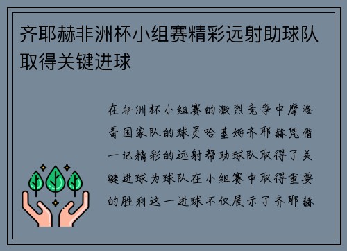 齐耶赫非洲杯小组赛精彩远射助球队取得关键进球 齐耶赫非洲杯小组赛精彩远射助球队取得关键进球