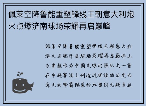 佩莱空降鲁能重塑锋线王朝意大利炮火点燃济南球场荣耀再启巅峰 佩莱空降鲁能重塑锋线王朝意大利炮火点燃济南球场荣耀再启巅峰